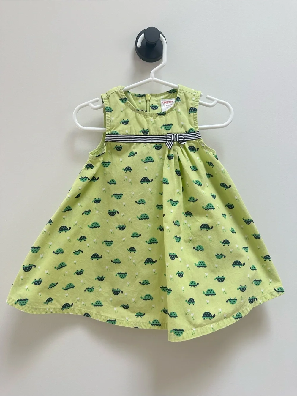 Vintage Gymboree Lime Green Turtle Print Dress with Striped Bow, baby 6-12M